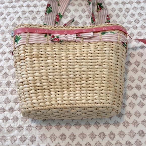 Laura Ashley Vintage Straw Tote Shoulder Bag Pink White Floral Stripe Bow Detail - Picture 5 of 17
